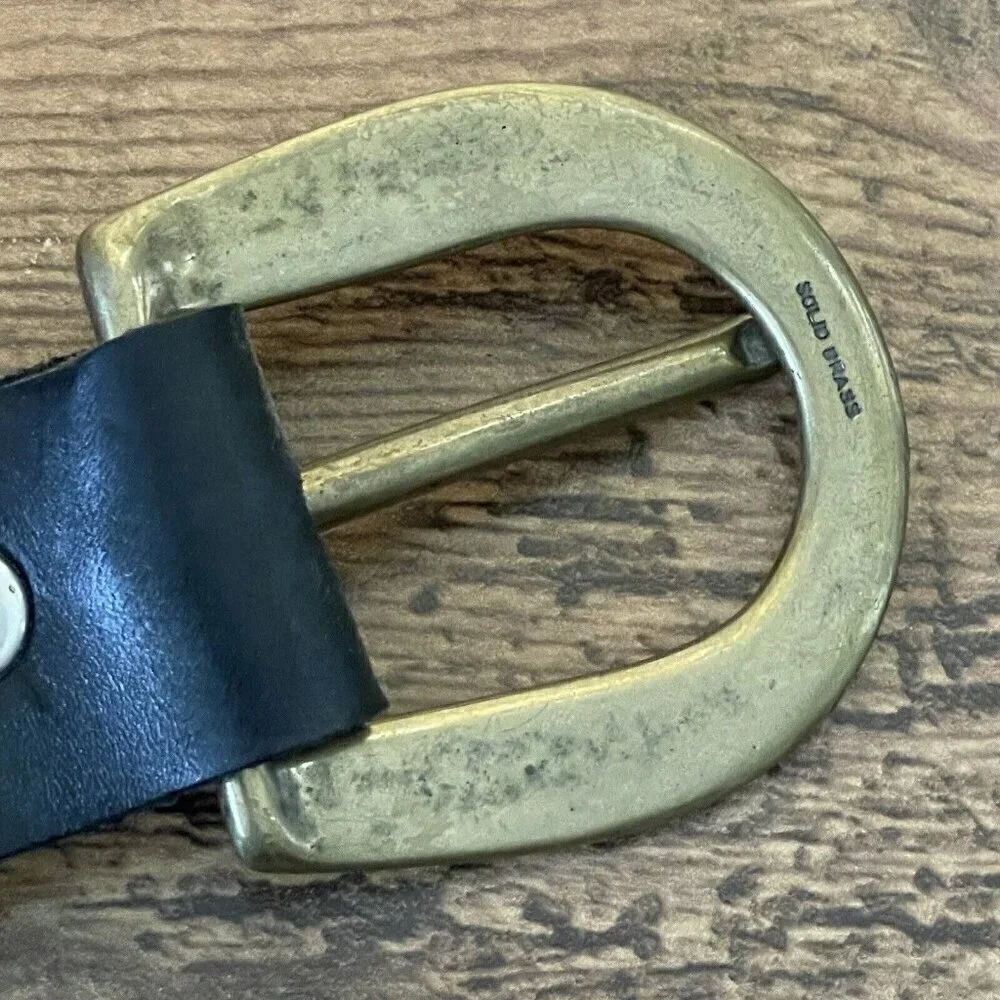 Mens Black Leather Belt Sz M Brass Buckle No Holes! Unused